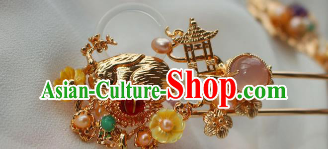 China Ancient Court Lady Golden Hair Stick Traditional Ming Dynasty Princess Pearls Tassel Hairpin