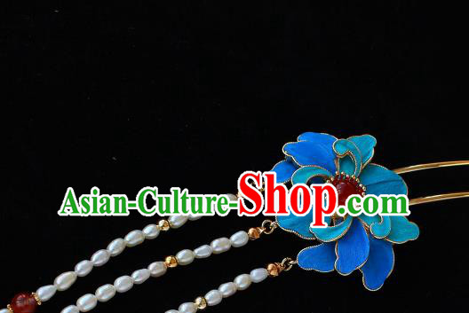 China Ancient Court Woman Blue Peony Hairpin Traditional Qing Dynasty Imperial Concubine Pearls Tassel Hair Stick