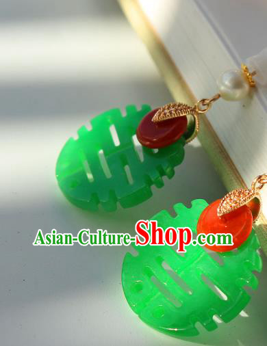Chinese Traditional Wedding Cheongsam Jade Earrings Ancient Empress Pearl Ear Jewelry