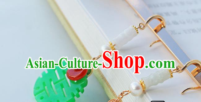 Chinese Traditional Wedding Cheongsam Jade Earrings Ancient Empress Pearl Ear Jewelry