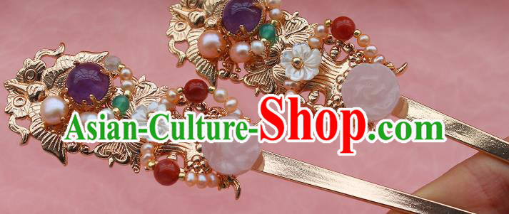 China Ancient Court Princess Golden Hairpin Traditional Ming Dynasty Palace Lady Pearls Hair Stick