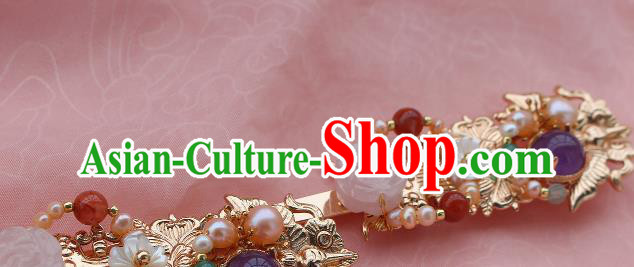 China Ancient Court Princess Golden Hairpin Traditional Ming Dynasty Palace Lady Pearls Hair Stick