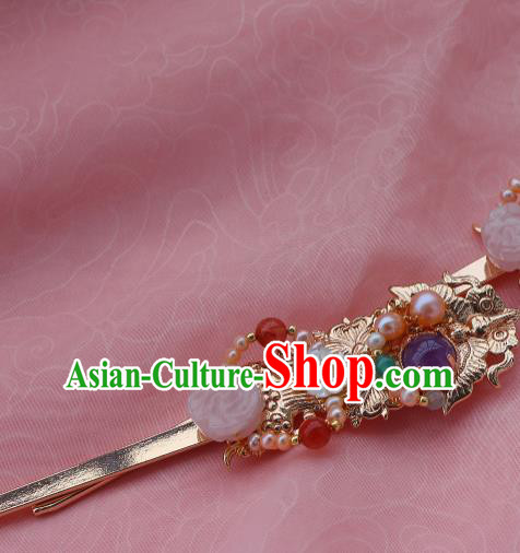 China Ancient Court Princess Golden Hairpin Traditional Ming Dynasty Palace Lady Pearls Hair Stick