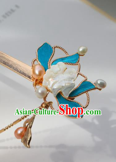 China Ancient Court Lady Shell Orchids Hairpin Traditional Ming Dynasty Imperial Concubine Tassel Hair Stick
