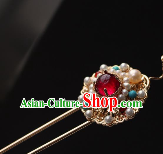 China Ancient Empress Golden Peony Hairpin Traditional Ming Dynasty Noble Woman Pearls Hair Stick