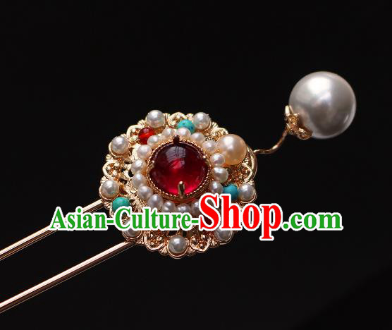 China Ancient Empress Golden Peony Hairpin Traditional Ming Dynasty Noble Woman Pearls Hair Stick