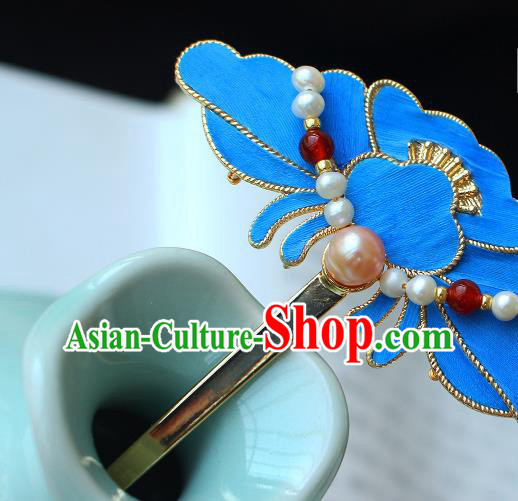 China Ancient Empress Pearls Hairpin Traditional Ming Dynasty Noble Woman Blue Peony Hair Stick