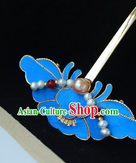 China Ancient Empress Pearls Hairpin Traditional Ming Dynasty Noble Woman Blue Peony Hair Stick