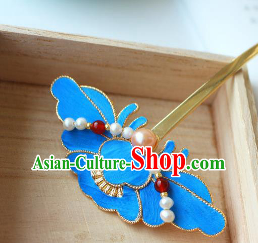 China Ancient Empress Pearls Hairpin Traditional Ming Dynasty Noble Woman Blue Peony Hair Stick