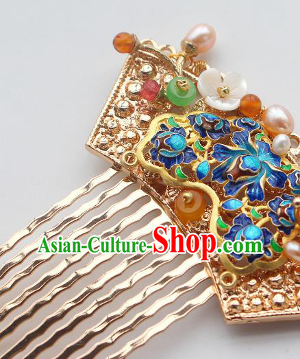 China Ancient Princess Golden Hairpin Traditional Tang Dynasty Court Lady Blueing Hair Comb