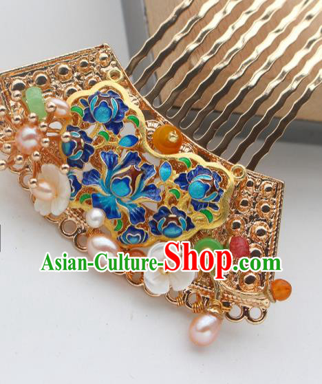 China Ancient Princess Golden Hairpin Traditional Tang Dynasty Court Lady Blueing Hair Comb