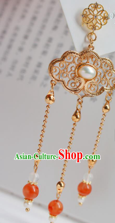 Chinese Traditional Cheongsam Red Beads Tassel Earrings Ancient Palace Lady Golden Ear Jewelry