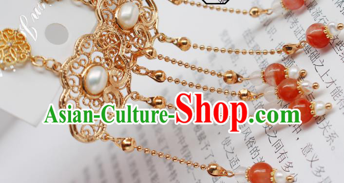 Chinese Traditional Cheongsam Red Beads Tassel Earrings Ancient Palace Lady Golden Ear Jewelry