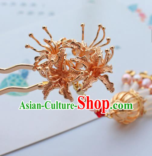 China Ancient Princess Golden Manjusaka Hairpin Traditional Tang Dynasty Wedding Pearls Tassel Hair Stick