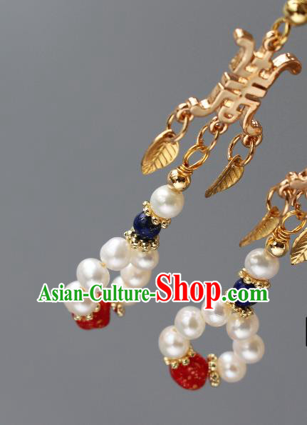 Chinese Traditional Cheongsam Golden Earrings Ancient Ming Dynasty Empress Pearls Ear Jewelry