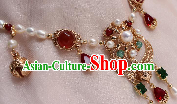 China Ancient Palace Lady Pearls Hair Jewelry Traditional Tang Dynasty Princess Agate Eyebrows Pendant