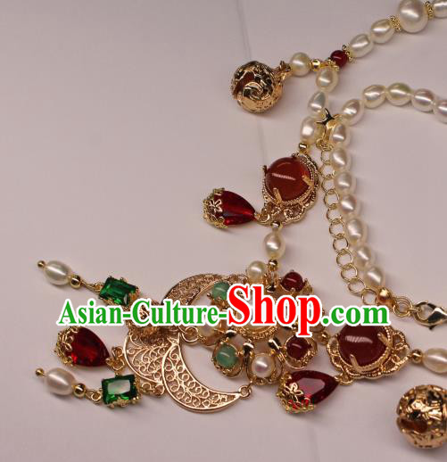 China Ancient Palace Lady Pearls Hair Jewelry Traditional Tang Dynasty Princess Agate Eyebrows Pendant