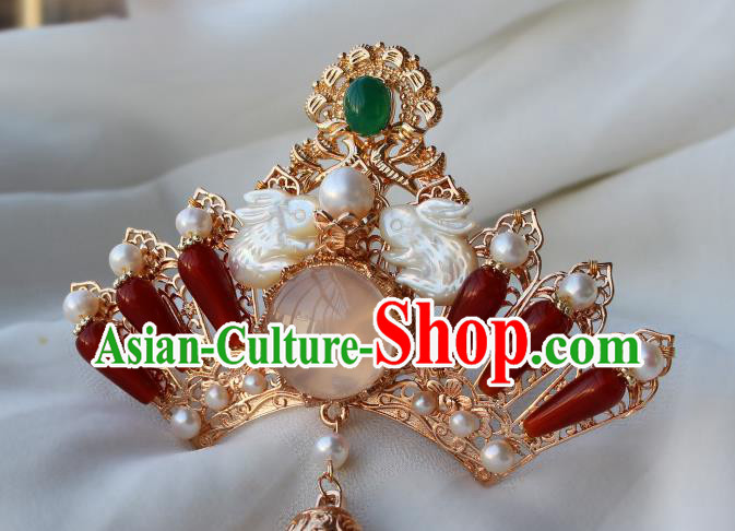 China Ancient Princess Shell Rabbit Hairpin Traditional Ming Dynasty Hanfu Agate Hair Crown