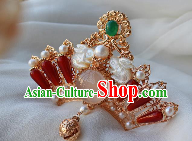 China Ancient Princess Shell Rabbit Hairpin Traditional Ming Dynasty Hanfu Agate Hair Crown