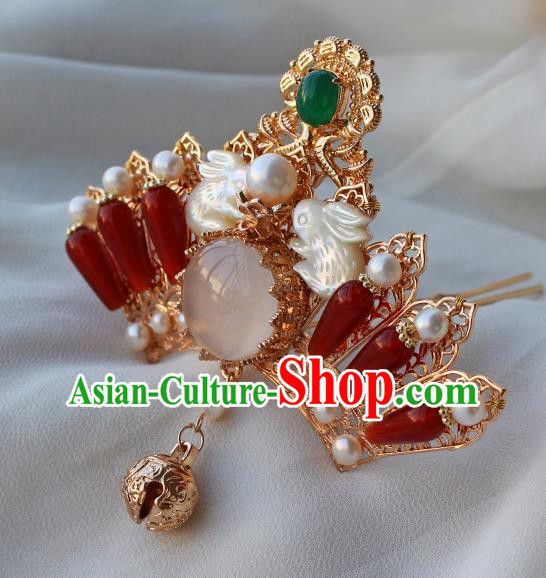 China Ancient Princess Shell Rabbit Hairpin Traditional Ming Dynasty Hanfu Agate Hair Crown