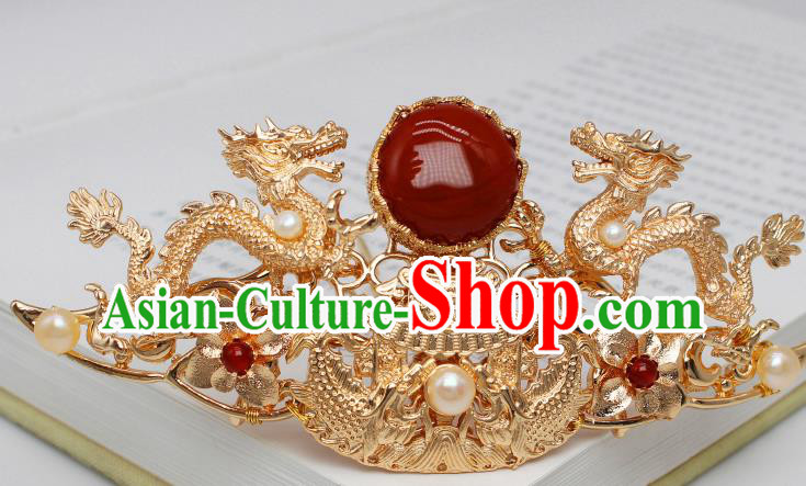 Chinese Traditional Ming Dynasty Emperor Hair Accessories Ancient King Golden Dragon Hairdo Crown