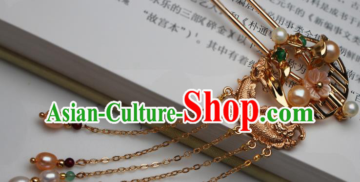 China Ancient Princess Goldfish Hairpin Traditional Ming Dynasty Court Woman Pearls Tassel Hair Stick