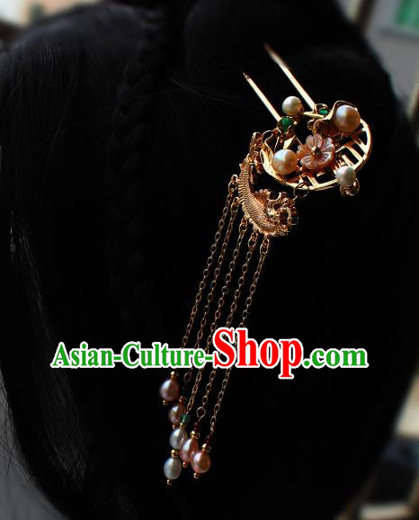 China Ancient Princess Goldfish Hairpin Traditional Ming Dynasty Court Woman Pearls Tassel Hair Stick