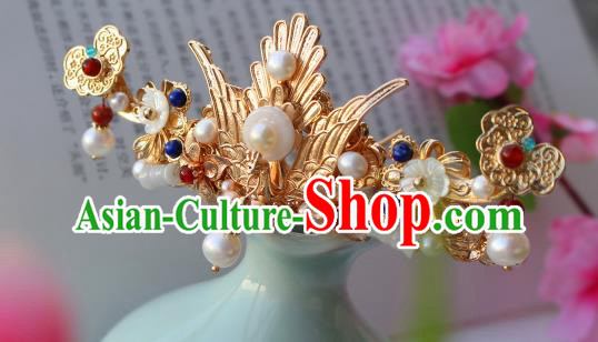 China Ancient Court Woman Golden Phoenix Hairpin Traditional Ming Dynasty Empress Pearls Hair Crown