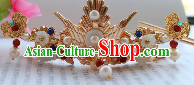 China Ancient Court Woman Golden Phoenix Hairpin Traditional Ming Dynasty Empress Pearls Hair Crown