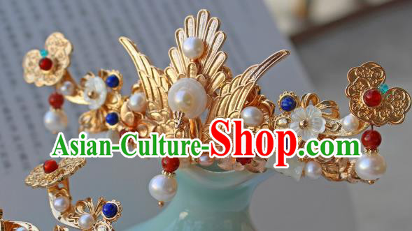 China Ancient Court Woman Golden Phoenix Hairpin Traditional Ming Dynasty Empress Pearls Hair Crown