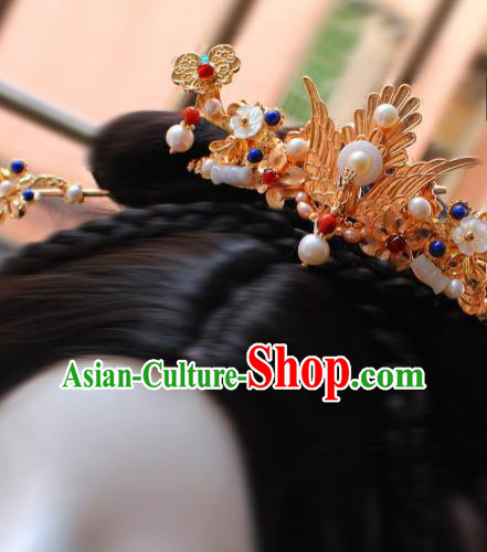 China Ancient Court Woman Golden Phoenix Hairpin Traditional Ming Dynasty Empress Pearls Hair Crown