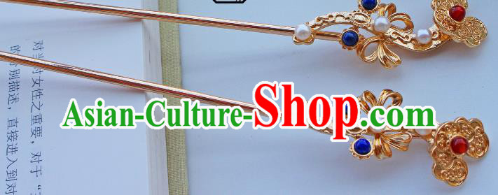 China Ancient Empress Golden Hairpin Traditional Ming Dynasty Palace Woman Gems Hair Stick