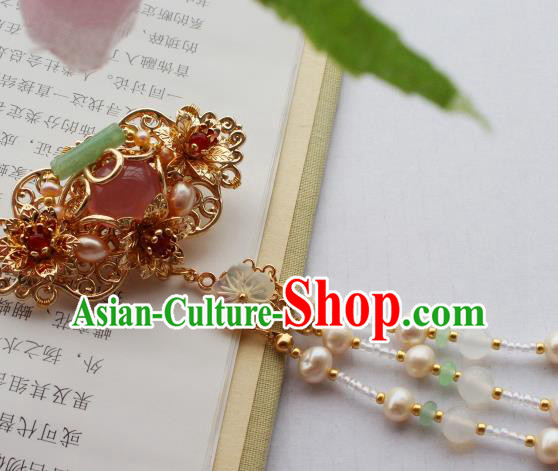 China Ancient Palace Lady Hairpin Traditional Ming Dynasty Princess Pearls Jade Tassel Hair Claw