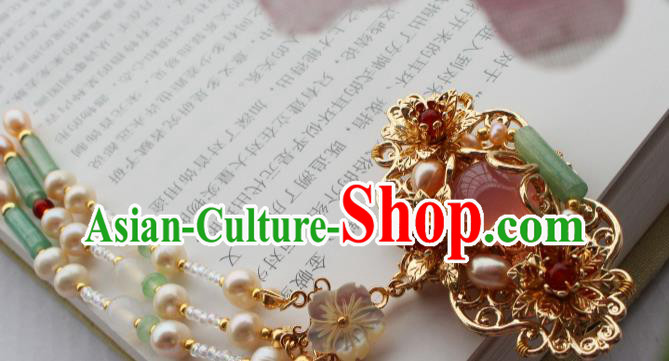 China Ancient Palace Lady Hairpin Traditional Ming Dynasty Princess Pearls Jade Tassel Hair Claw