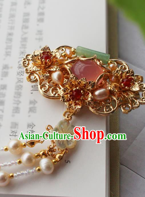 China Ancient Palace Lady Hairpin Traditional Ming Dynasty Princess Pearls Jade Tassel Hair Claw
