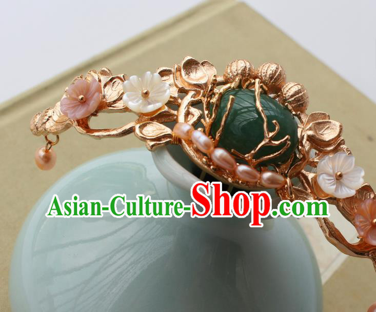 China Ancient Noble Woman Golden Hairpin Traditional Ming Dynasty Princess Pearls Jade Hair Crown