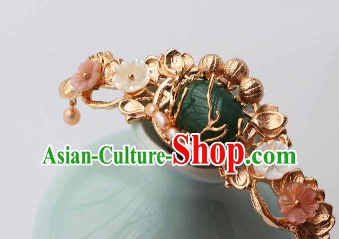 China Ancient Noble Woman Golden Hairpin Traditional Ming Dynasty Princess Pearls Jade Hair Crown