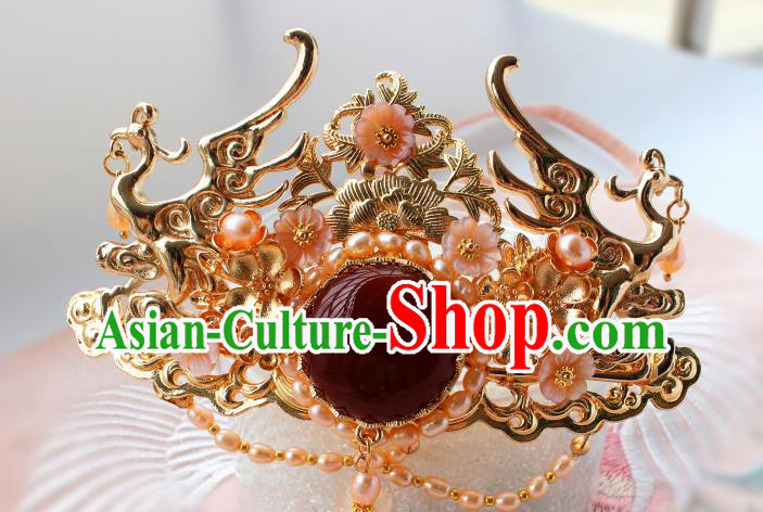 China Ancient Royal Empress Hairpin Headdress Traditional Ming Dynasty Princess Agate Pearls Hair Crown