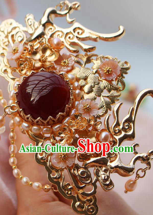 China Ancient Royal Empress Hairpin Headdress Traditional Ming Dynasty Princess Agate Pearls Hair Crown