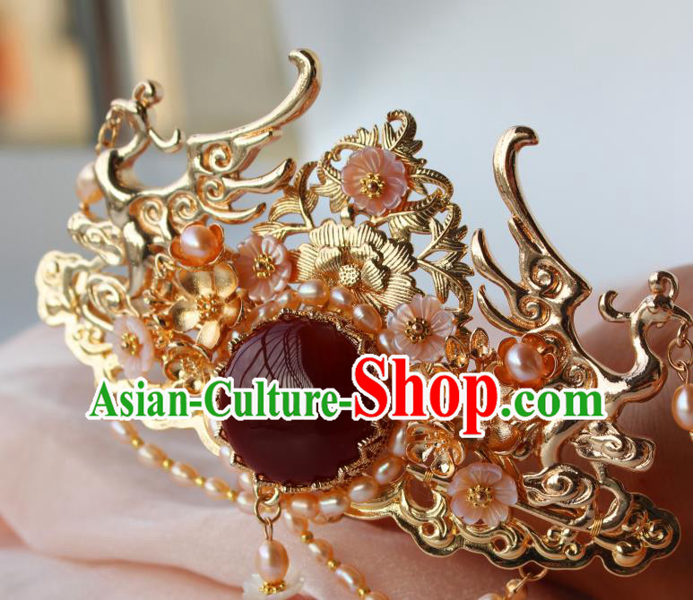 China Ancient Royal Empress Hairpin Headdress Traditional Ming Dynasty Princess Agate Pearls Hair Crown