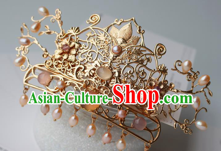 China Ancient Court Empress Pearls Headwear Traditional Tang Dynasty Queen Golden Lotus Hair Crown