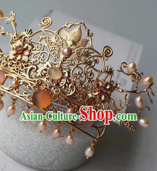 China Ancient Court Empress Pearls Headwear Traditional Tang Dynasty Queen Golden Lotus Hair Crown
