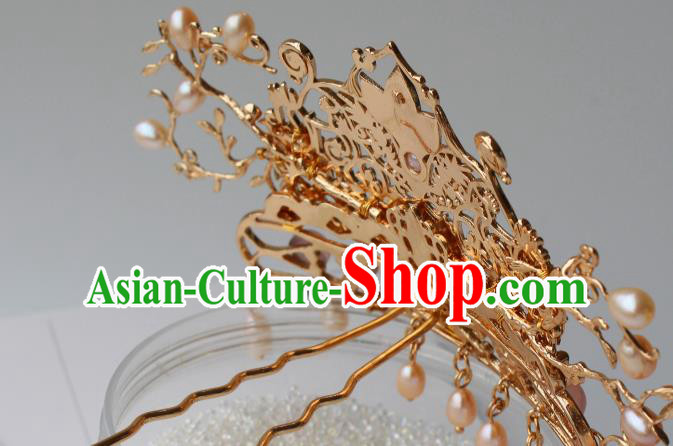 China Ancient Court Empress Pearls Headwear Traditional Tang Dynasty Queen Golden Lotus Hair Crown