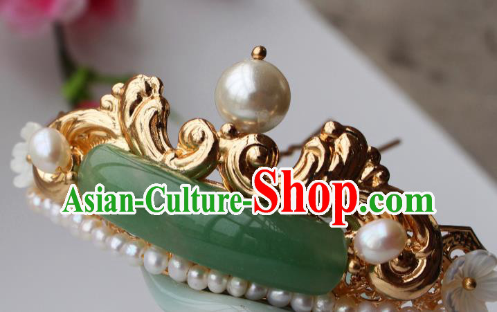 China Ancient Imperial Concubine Pearls Hairpin Traditional Ming Dynasty Palace Lady Jade Hair Stick