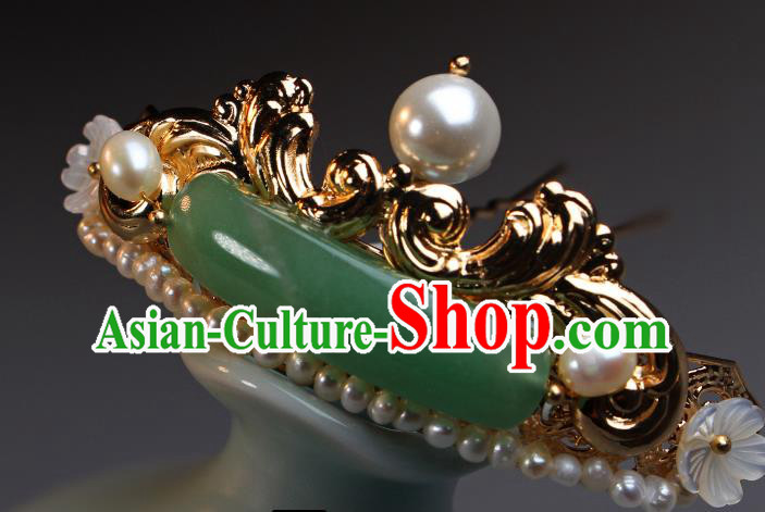 China Ancient Imperial Concubine Pearls Hairpin Traditional Ming Dynasty Palace Lady Jade Hair Stick