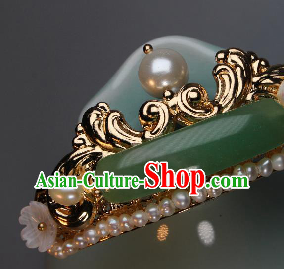 China Ancient Imperial Concubine Pearls Hairpin Traditional Ming Dynasty Palace Lady Jade Hair Stick