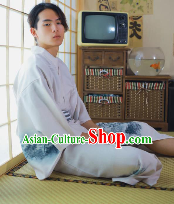 Japanese Male Clothing Asian Japan Traditional Ink Painting Landscape Yukata Robe