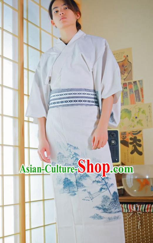 Japanese Male Clothing Asian Japan Traditional Ink Painting Landscape Yukata Robe