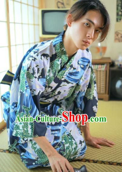 Asian Japan Traditional Printing Waves Navy Yukata Robe Japanese Male Clothing