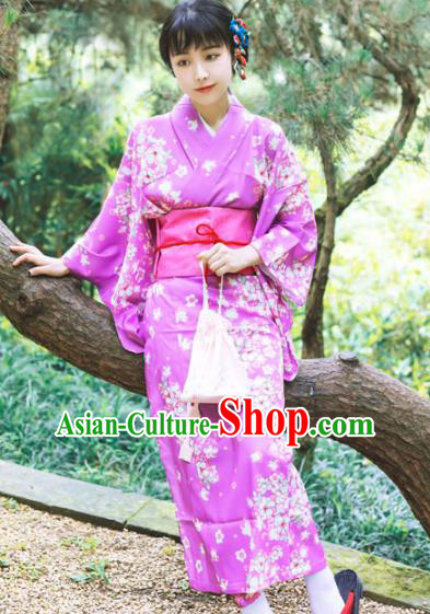 Japanese Traditional Printing Sakura Lilac Yukata Dress Asian Japan Summer Festival Kimono Costume